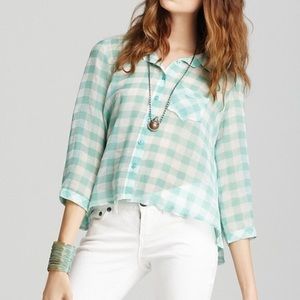 Free People Sheer Plaid Green White Button Down S